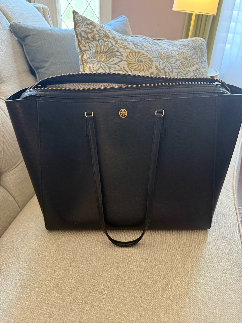 Tory Burch Robinson Black Leather Double-Zip laptop Tote with Gold Logo